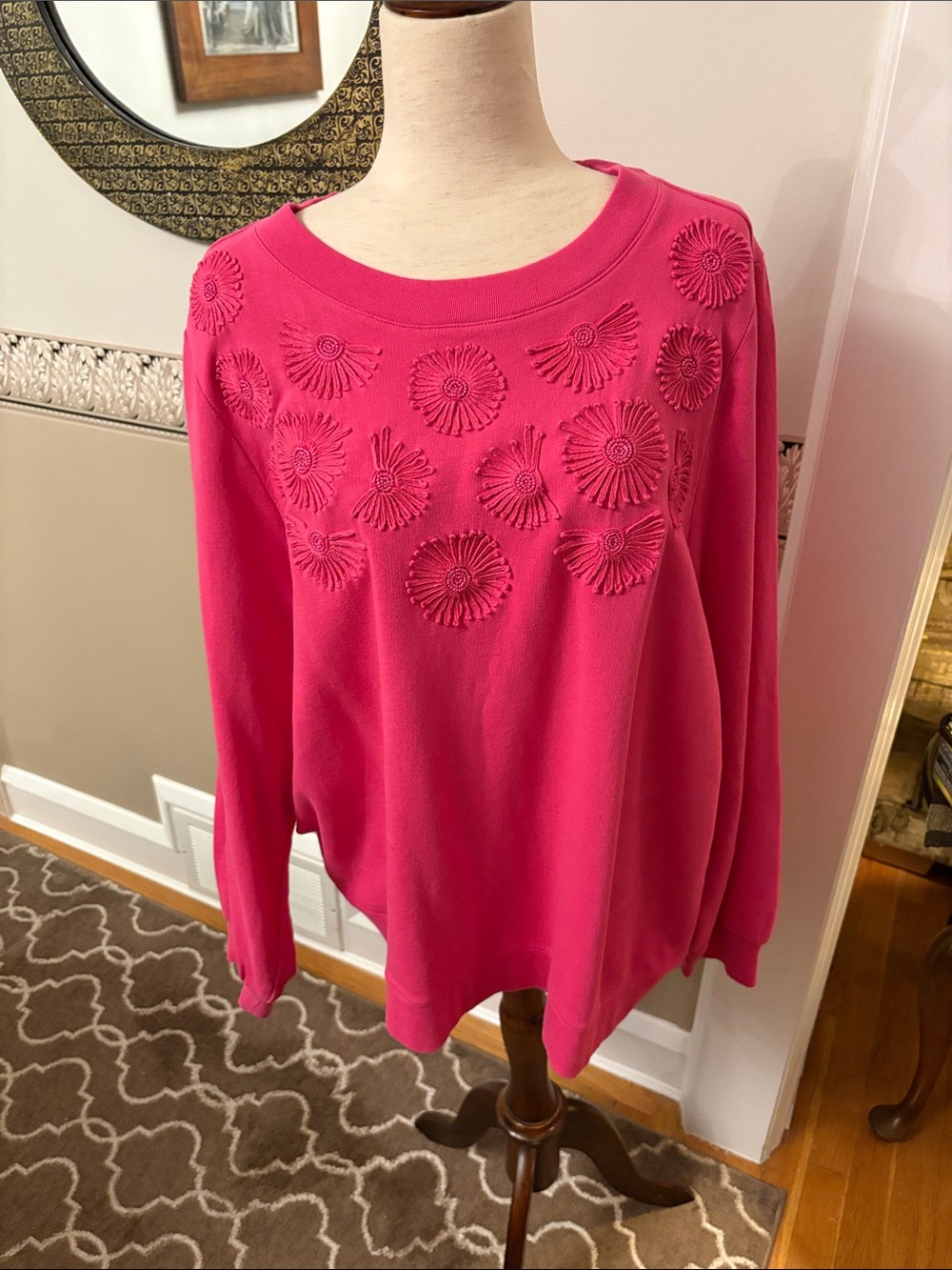 Bright Pink Embroidered Floral Crewneck Sweatshirt